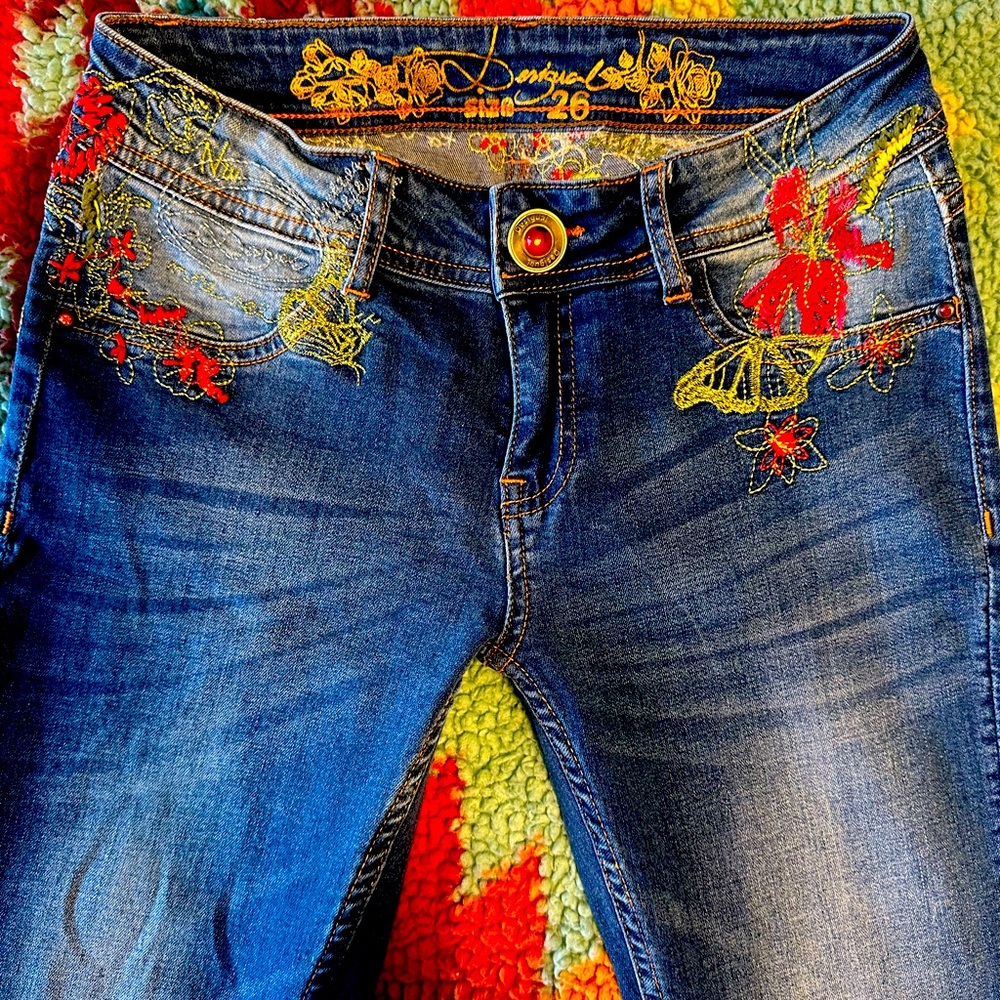 Desigual Blue Jeans with Red and Yellow Embroidery